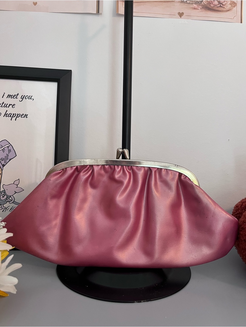 Pink Satin Kiss Lock Clutch Evening Bag